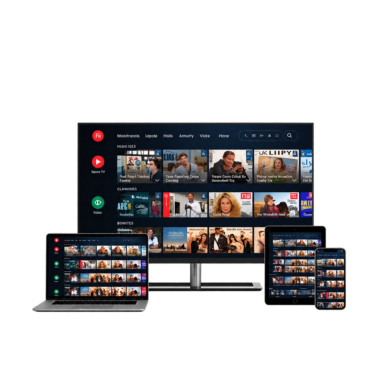 Une interface de télévision sur un téléviseur, un ordinateur portable, une tablette et un smartphone